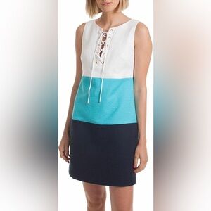 NWT Trina Turk Miss Brady Colorblock Lace-Up Dress White Blue Sz 6